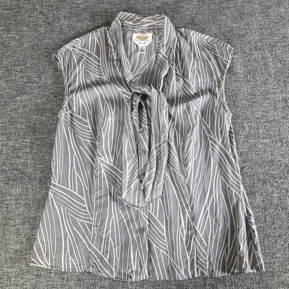 Talbots Pure Silk Abstract Stripe Gray Blouse Button Up Tie Neck Sleeveless 10